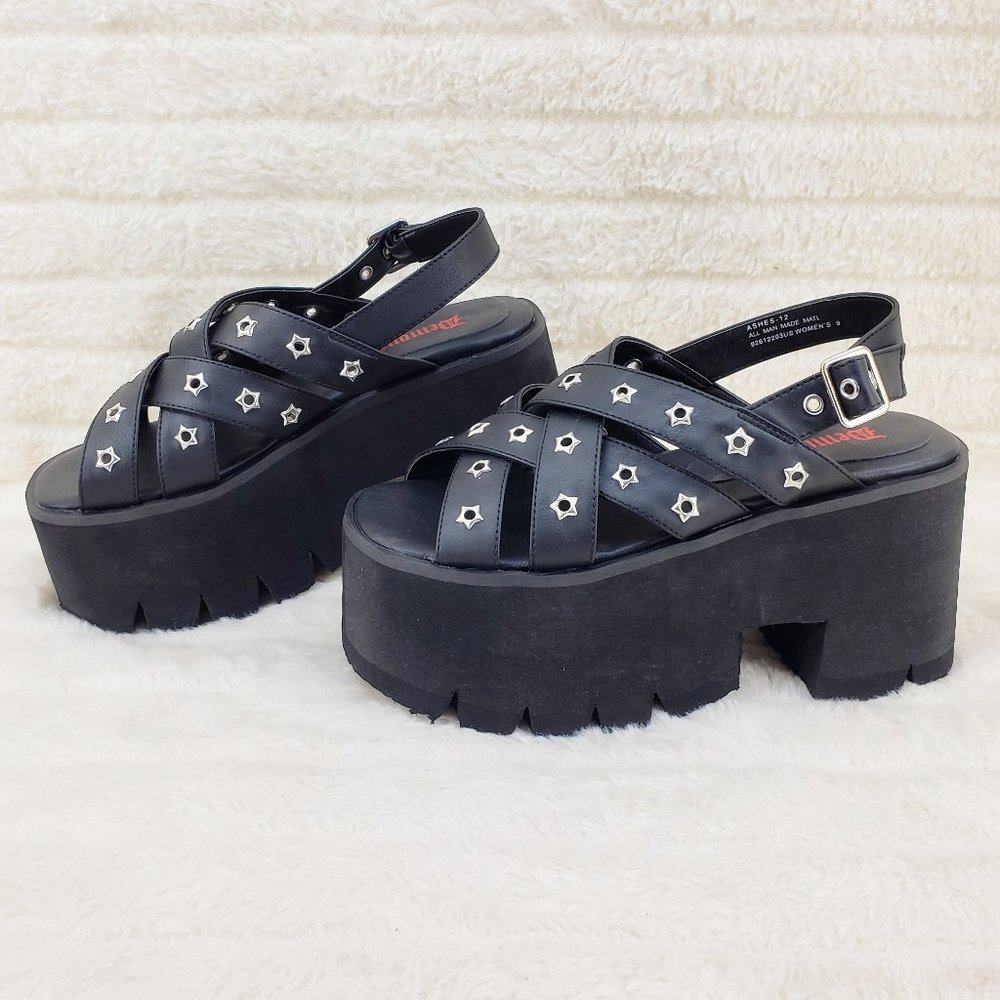 Demonia Black Platform Sandals with Star Accents
